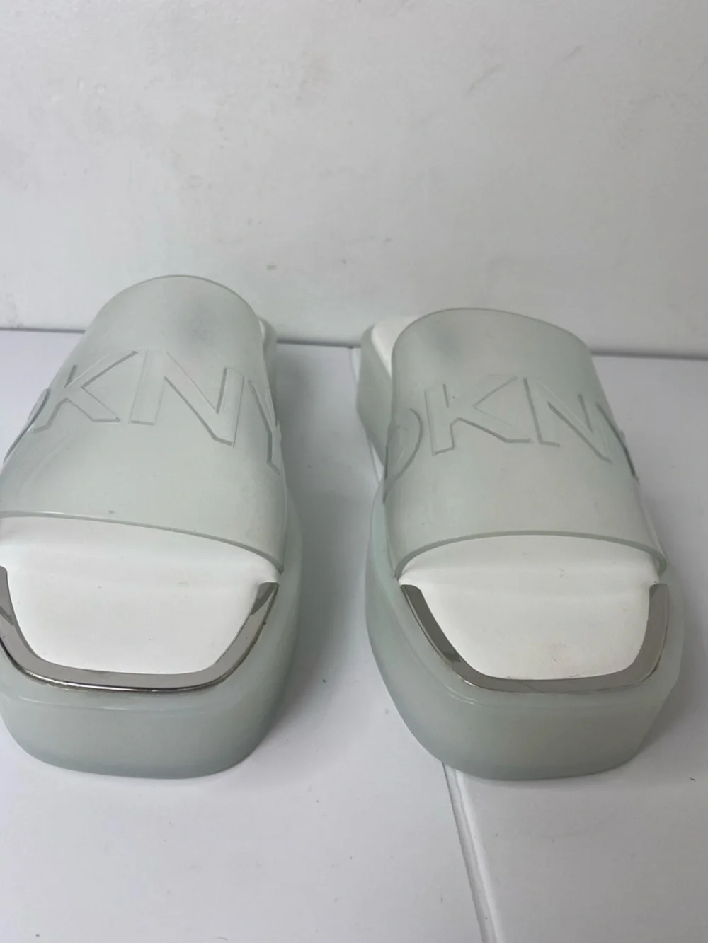 DKNY New White Clear Platform Slide Sandals